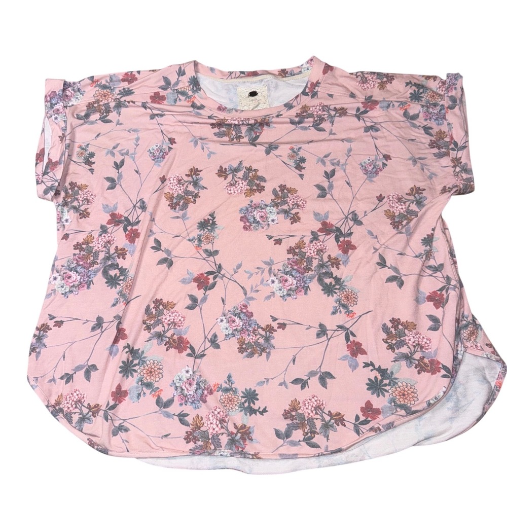 Cupio Woman Floral Top 2X Pink Short Sleeve High Low Hem Crew Neck Blouse